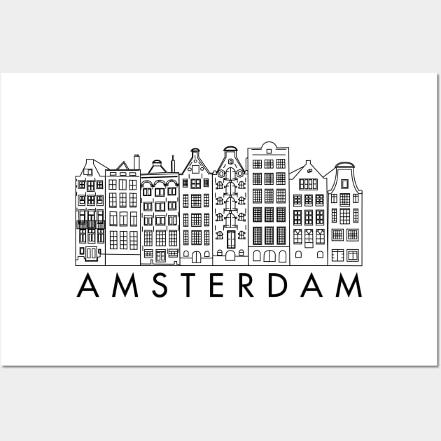 Facades of old canal houses from Amsterdam city illustration black and white Wall Art by sinemfiit